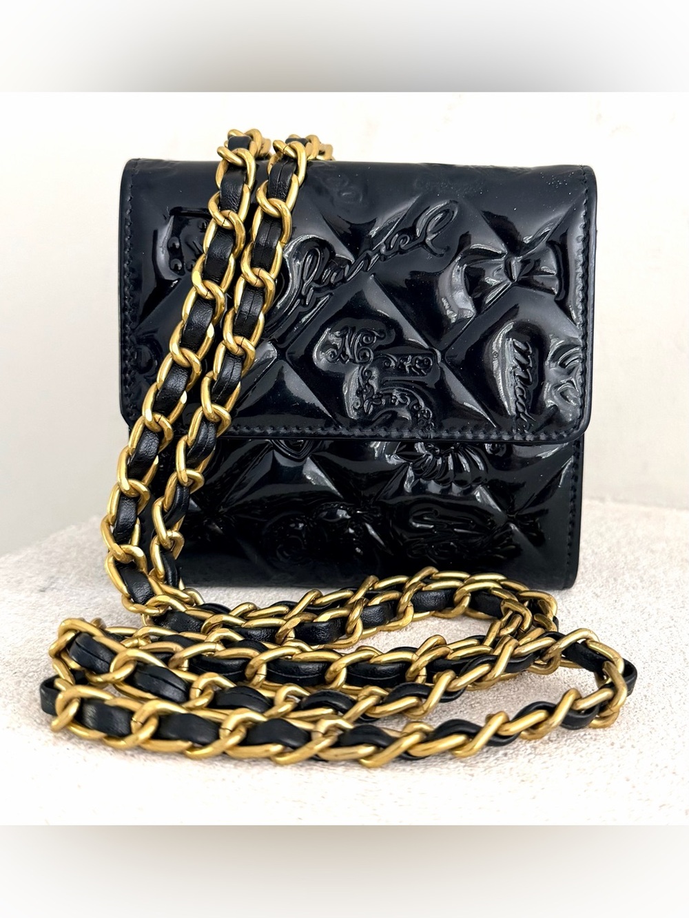 CHANEL Black Patent Lucky Symbols Wallet Crossbody Conversion Vintage